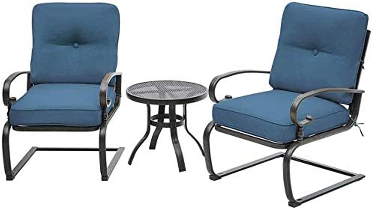Crownland 3 Piece Patio Furniture Outdoor Bistro Set Metal Lounge Cushioned Chairs and Bistro Round Table Set, Wrought Iron Cafe Furniture Set,Peacock Blue