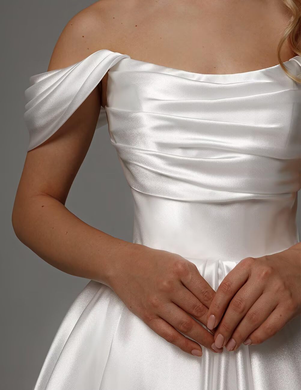 Off Shoulder Satin Wedding Dresses for Bride Tea Length A Line Prom Dresses Pleated Modest Cocktail Party Gown