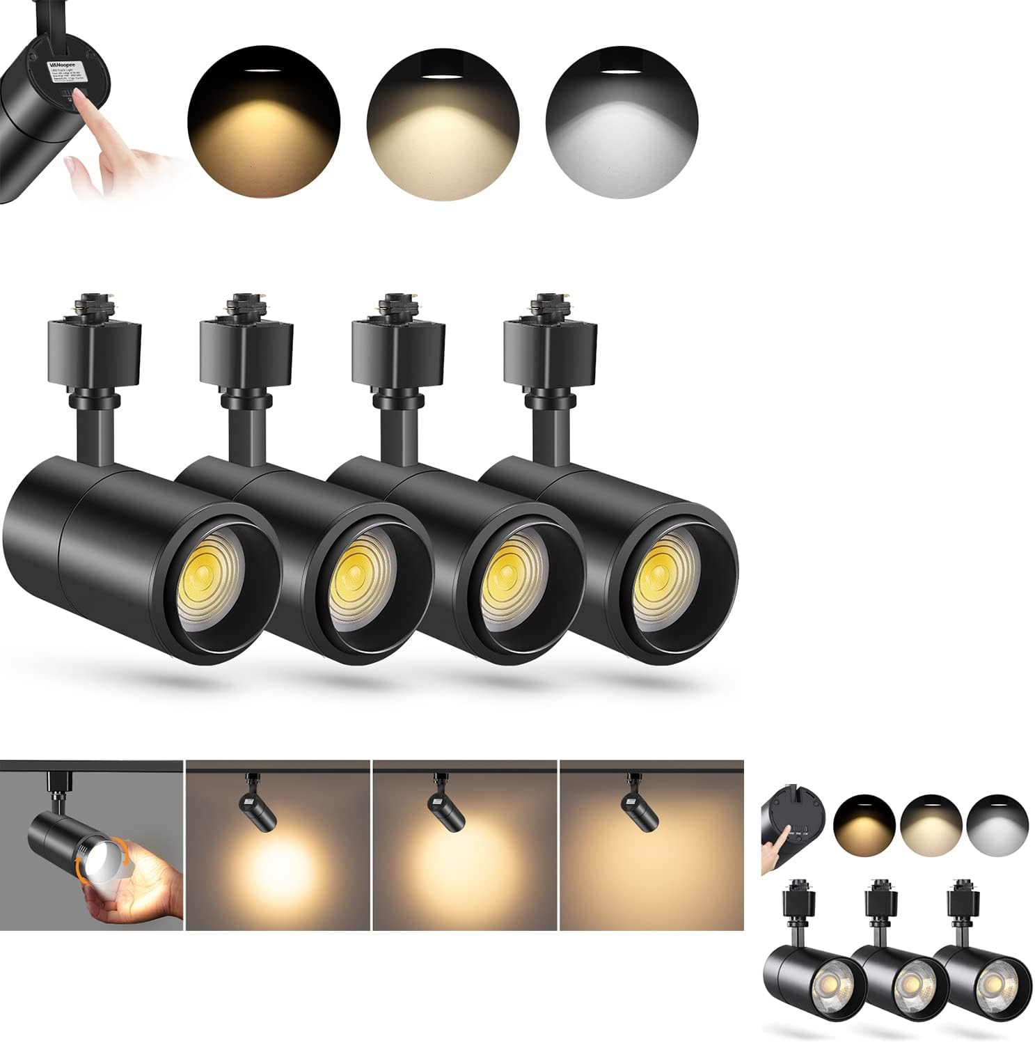 VANoopee 3-Color Zoomable 20W LED Track Lighting Heads H Type Track Light Heads Dimmable Bright Ceiling Spotlight Fixtures for Kitchen, 3000K 4000K 5000K Adjustable, CRI90+ 15°-60° 2000lm Black