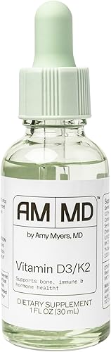 Amy Myers MD Vitamina D3/K2 Líquido – Apoya la salud ósea, la función inmune y el equilibrio hormonal – Alta absorción – Sin lácteos, sin gluten – 1