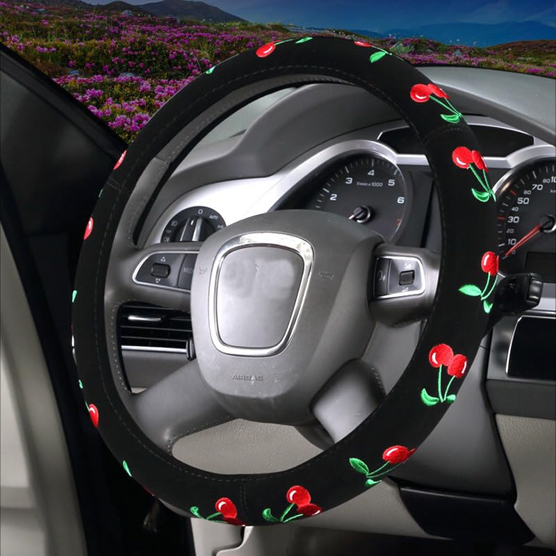 Automotive Cherry Car Accessory Embroidery Cute Women Handmade 15 inch Car Steering Wheel Cover (Green)