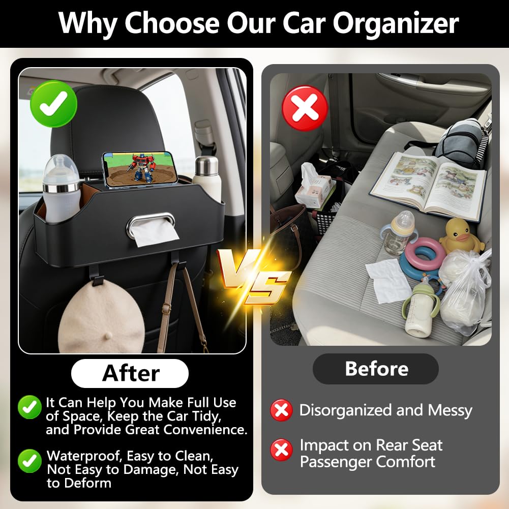Abnaok Organiseur de siège arrière de voiture avec 2 porte-gobelets – Boîte à mouchoirs et crochet de boîte de rangement – Rangement multifonction – Idéal pour les enfants et les voyages