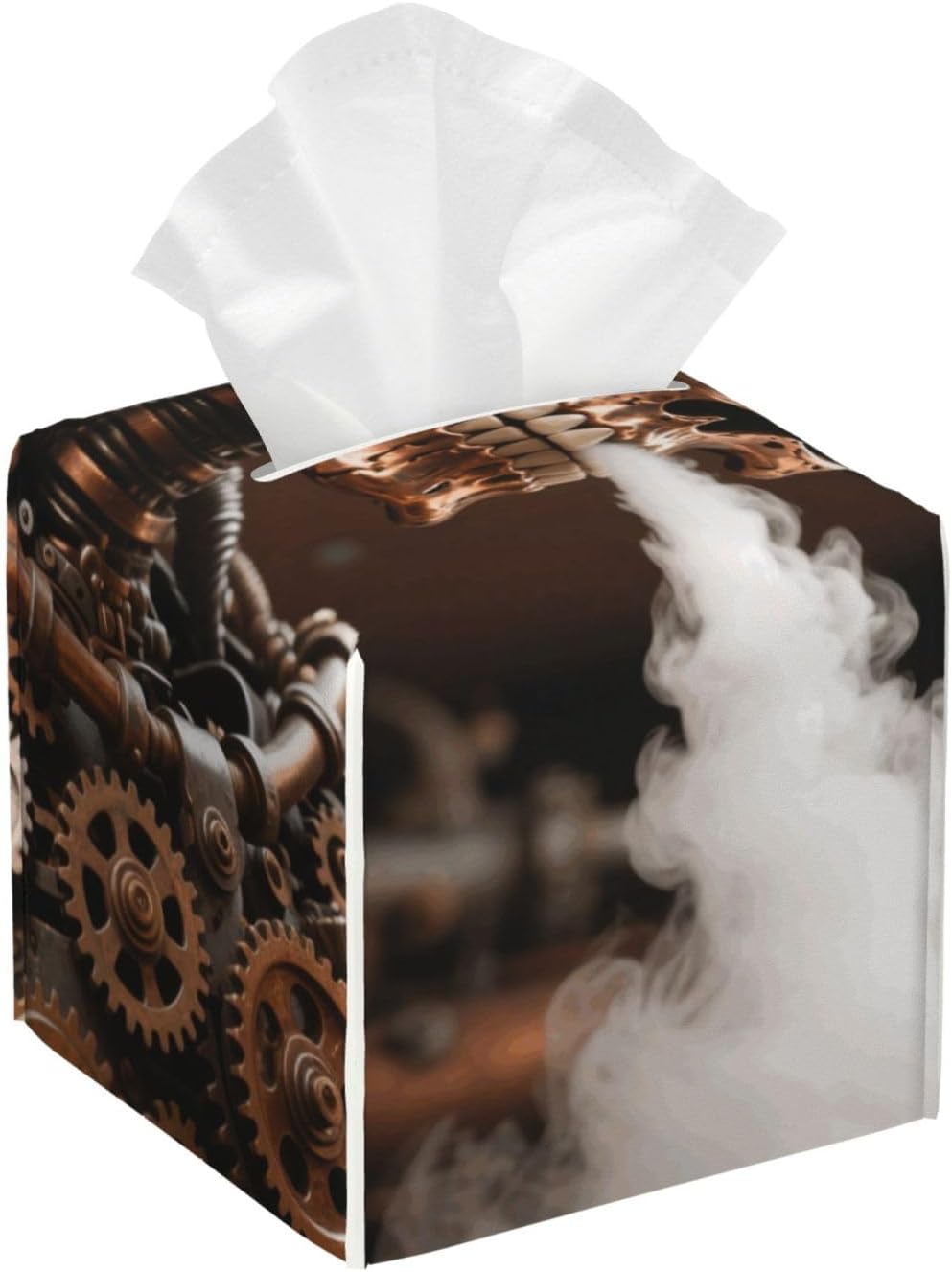 Pu Leather Cube Tissue Box Holders Modern Waterproof Square Tissue Box Cover Steam - Punk Metal Skull Facial Paper Holder for Bathroom Kitchen Nightstand Office Home Decor