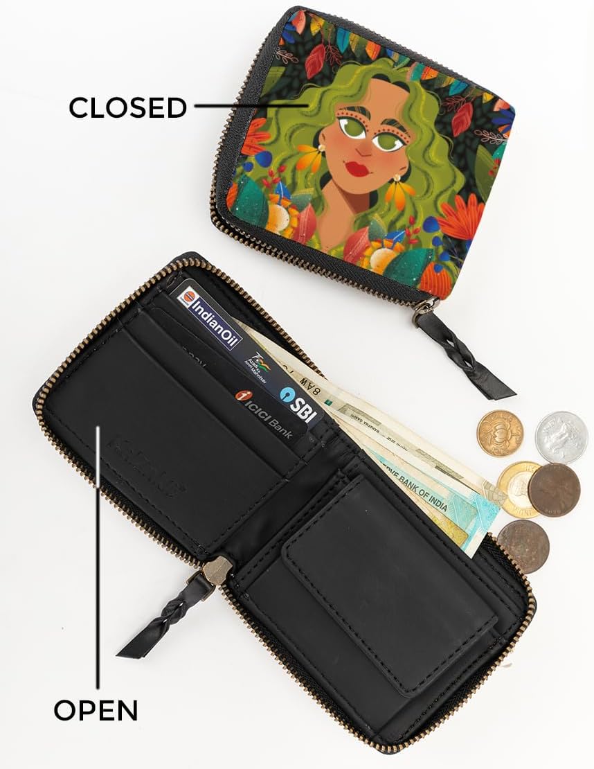 Boho Art Wallet for Women Slim Vegan Leather Purse Face Design Bi Fold Clutch with Zip lock Coin Card Holder Organize Gift Idea for Her
