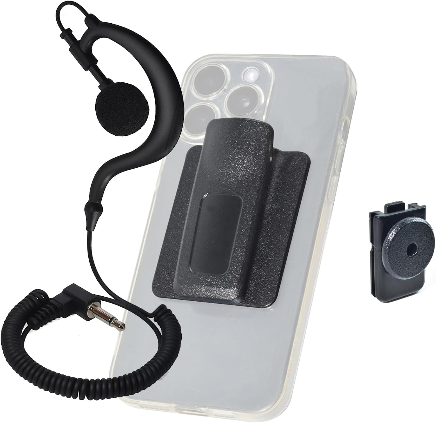HYS G Shape Soft Ear Hook Earpiece Headset 3.5mm Plug, Belt Clip Cell Phone Pad GPS Holder (L-2.76",W-2.05") with 3M Adhesive W/Belt Clip&Round Knob