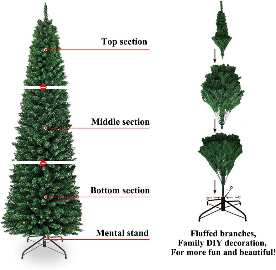 Cchainway 7ft Artificial Pencil Christmas Tree, 700 Branch Tips, Premium PVC Needles, Slim Tree w/Sturdy Metal Stand for Indoor and Outdoor(Green, 7ft)