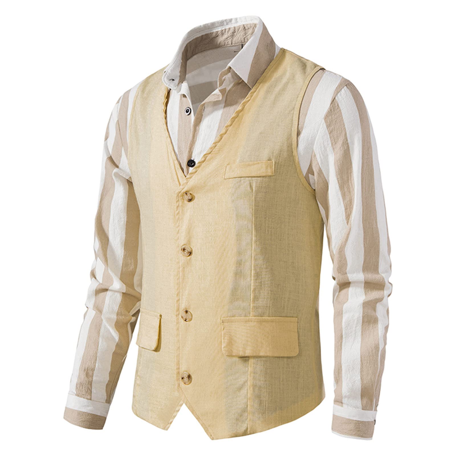 Męskie lniane kamizelki garniturowe Solidne kamizelki jednorzędowe dla mężczyzn Garnitur formalny Kamizelka do sukienki Kamizelka Slim Fit Business Retro Kamizelka V Neck Business Casual Kamizelka B