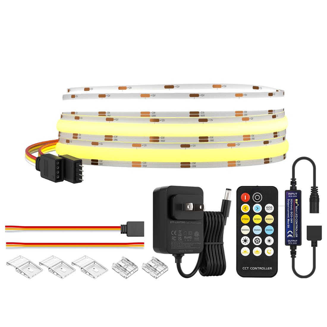 BTF-LIGHTING FCOB COB CCT 24V Kit Flexible High Density 640LED/m 9.84FT RF Dimmable Controller Tunable CT 3000K-6000KCRI 90+ LED Strips for Bedroom Kitchen Under Cabinet Indoor with DC24V Adapter
