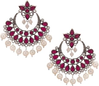 Rubans Oxidised Silver-Toned Red Handcrafted Crescent Shaped Chandbalis For Women Price In India