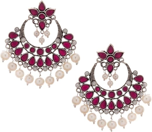 Rubans Oxidised Silver-Toned Red Handcrafted Crescent Shaped Chandbalis For Women