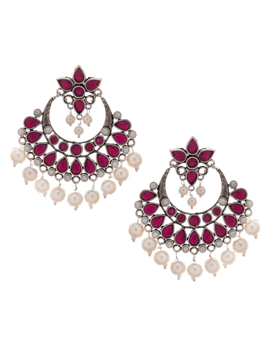 rubans Oxidised Silver-Toned Red Handcrafted Crescent Shaped Chandbalis For Women-picture-41