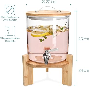 Navaris Glass Drinks Dispenser with Tap - 5 Litre Drink Jar with Spigot, Lid and Wooden Stand for Hot or Cold Beverages, Punch, Ice Water for Parties