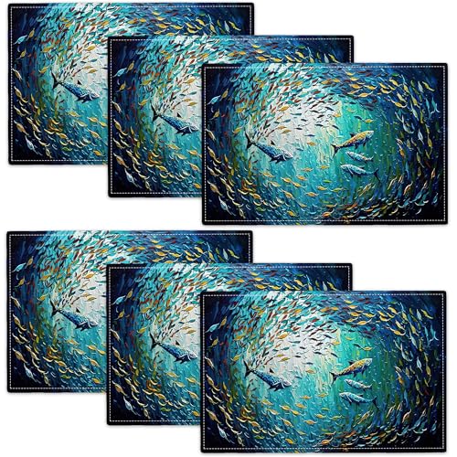 Ocean Fish Placemats Set of 6, 12x18 Inch Nautical Table Place Mat Teal Washable Non-Slip Heat Resistant Fabric Placement Mats for Dining Kitchen Indoor Outdoor Decor