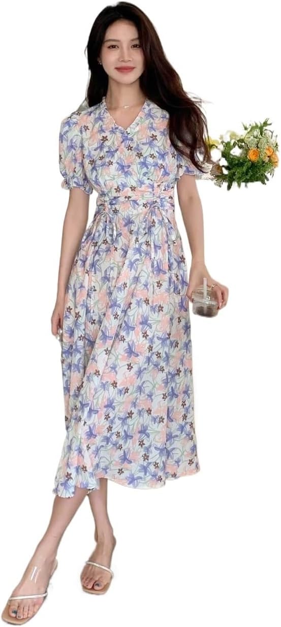 [CHAANG] 女性のためのドレス オールオーバーフローラルプリント パフスリーブ 前結び ドレス