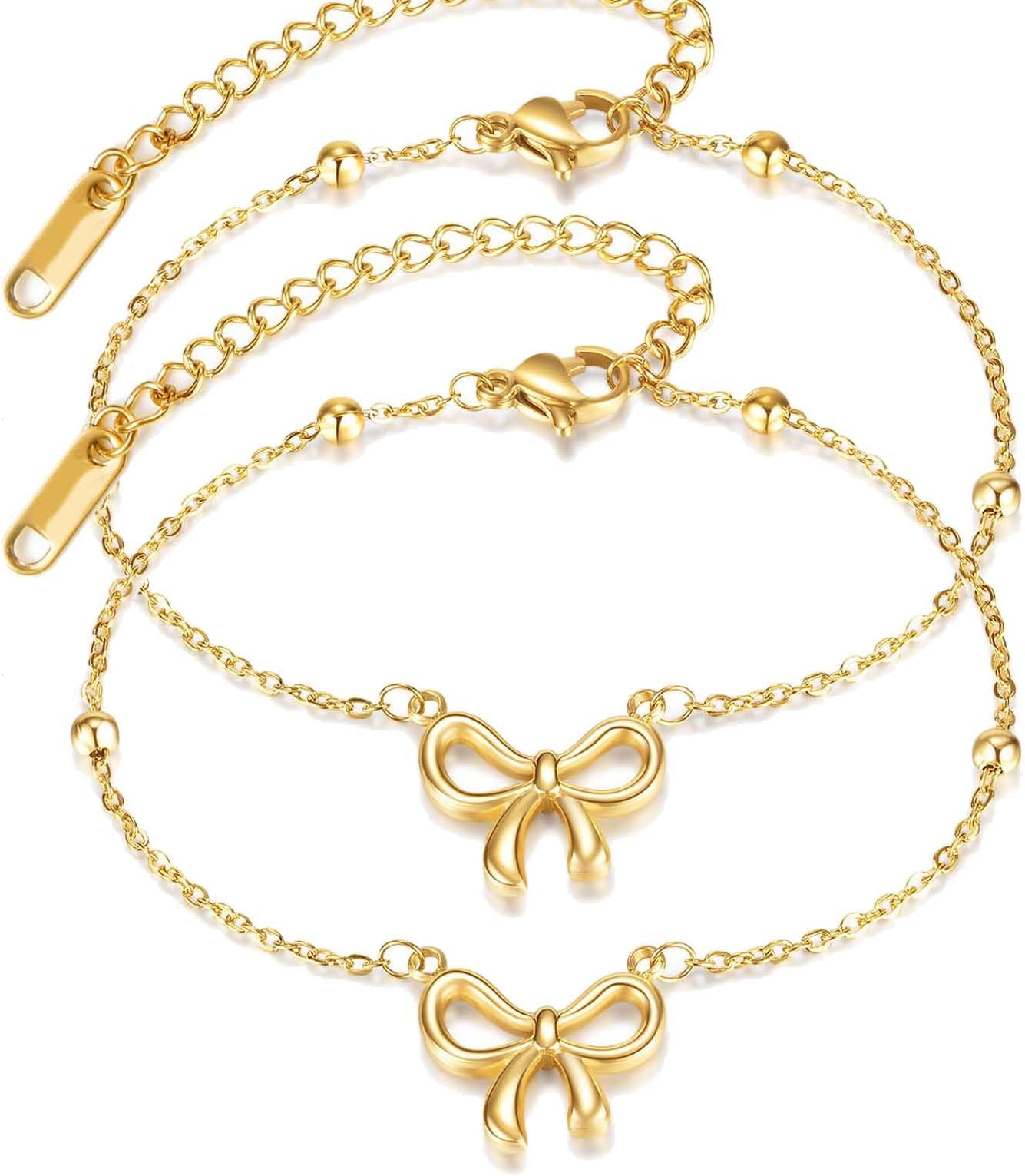 2Pcs Gold Bow Bracelet for Women Cute Bowknot Bracelet Dainty Bow Beaded Chain Bracelets for Women Fashion Jewelry Birthday Gifts