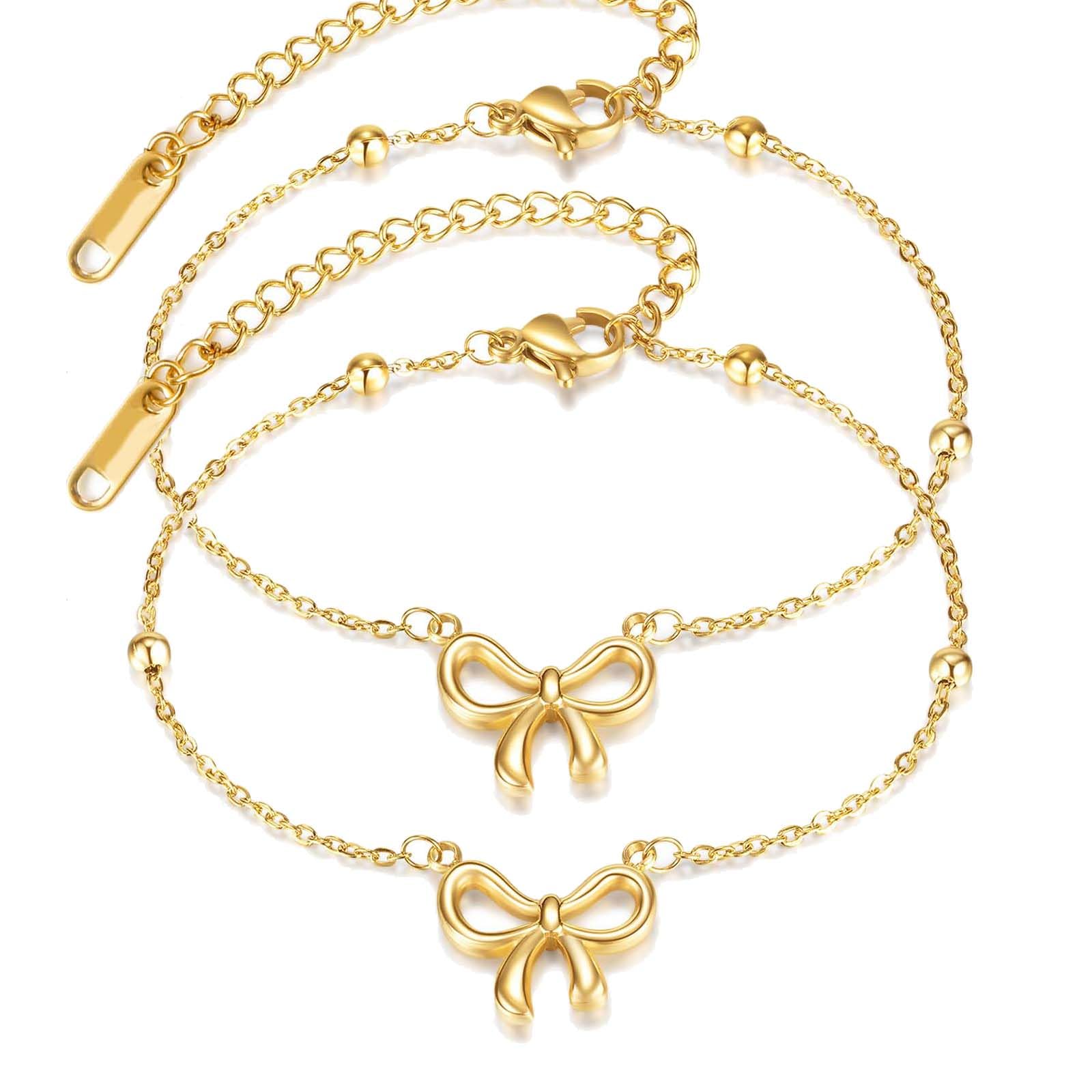 2Pcs Gold Bow Bracelet for Women Cute Bowknot Bracelet Dainty Bow Beaded Chain Bracelets for Women Fashion Jewelry Birthday Gifts