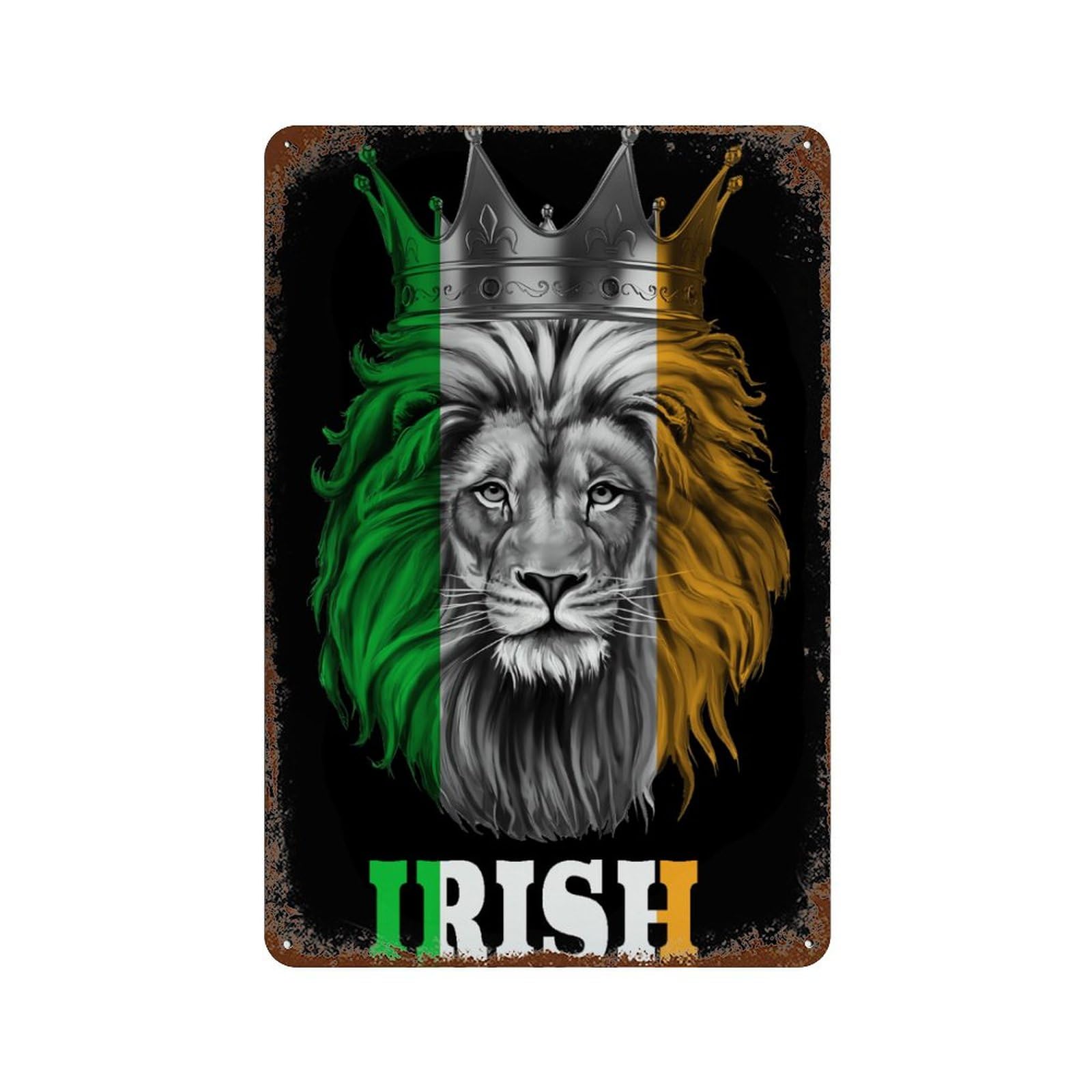 KWQDOZF King Lion Irish Flag Theme Metal Tin Sign,Vintage Iron Hanging Plate Vertical with Rust Poster Wall Decor 8x12inch