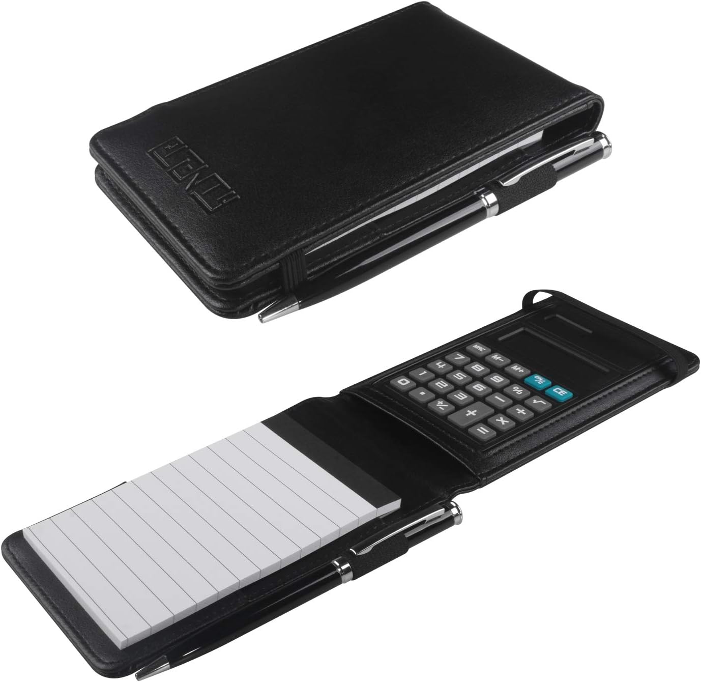 PLENTY Deluxe Leather Pocket Notebook Cover Jotter Organizer Memo Pad Holder with Calculator, 50 Pages Note Paper, Pen and Business Card Slot (Black)