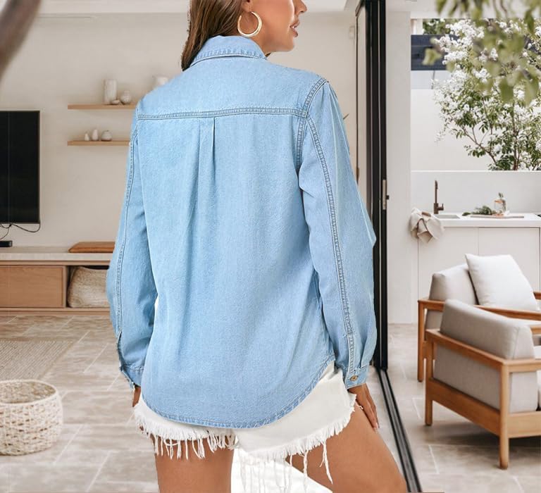 Denim Shirt Women Button Down Long Sleeve Chambray Western Jean Shirts Collared Casual Denim Tops - Image 6