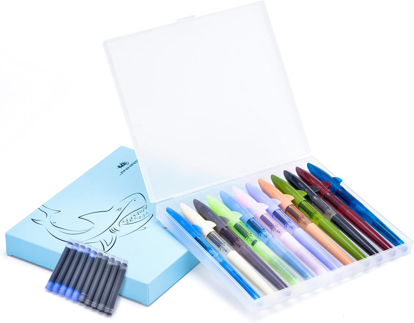 12 PCS Jinhao Mako Fountain Pen Fine Nib with 10 Cartridges (5 Black+5 Blue) Diversity Color Lot Shark Pens Case Set with Refillable Converters