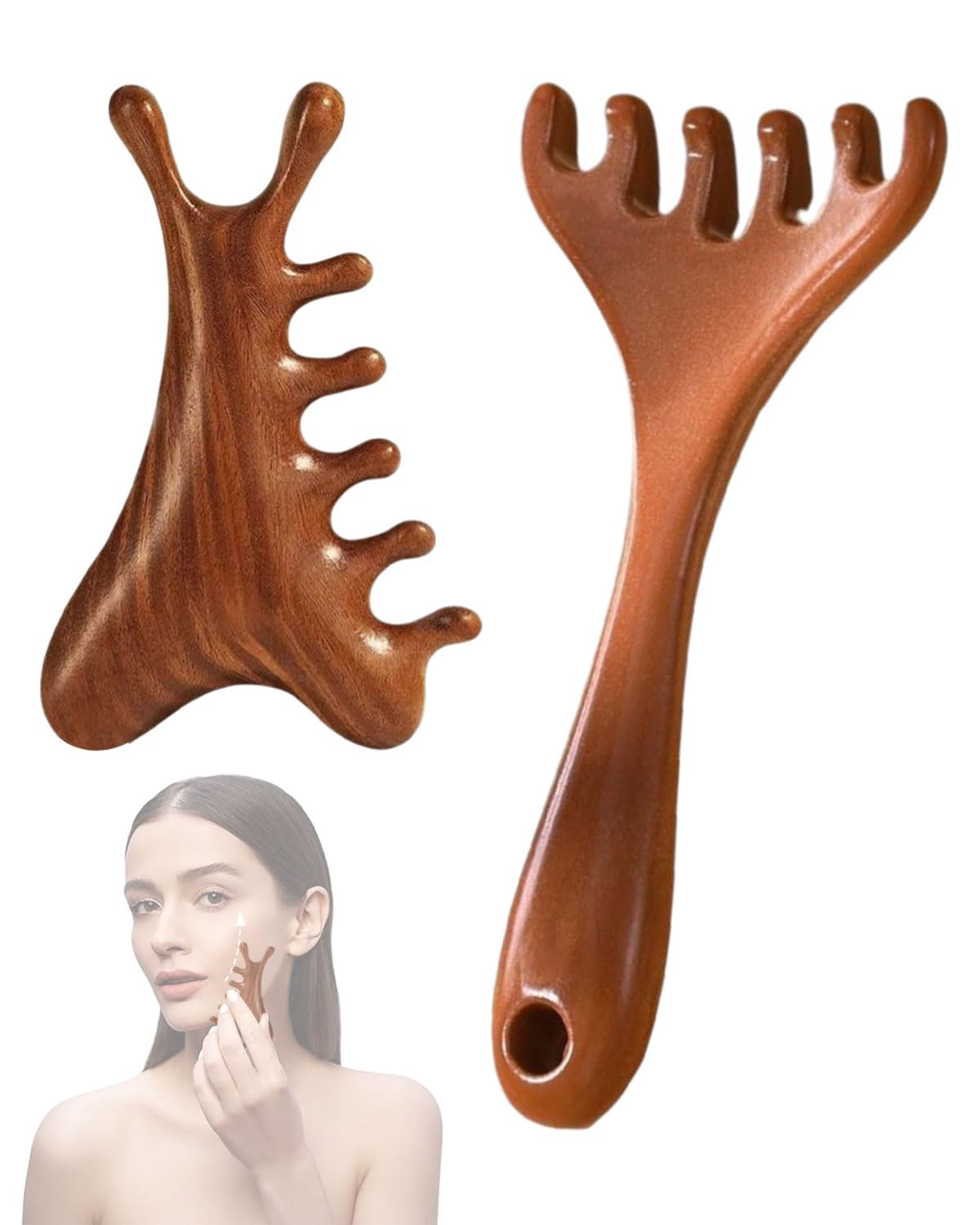 Juego de dos peines para masaje del cuero cabelludo: peine de madera, peine de sándalo natural, peine antiestático de dientes anchos, estimulador de masaje de cabeza, peine gua sha