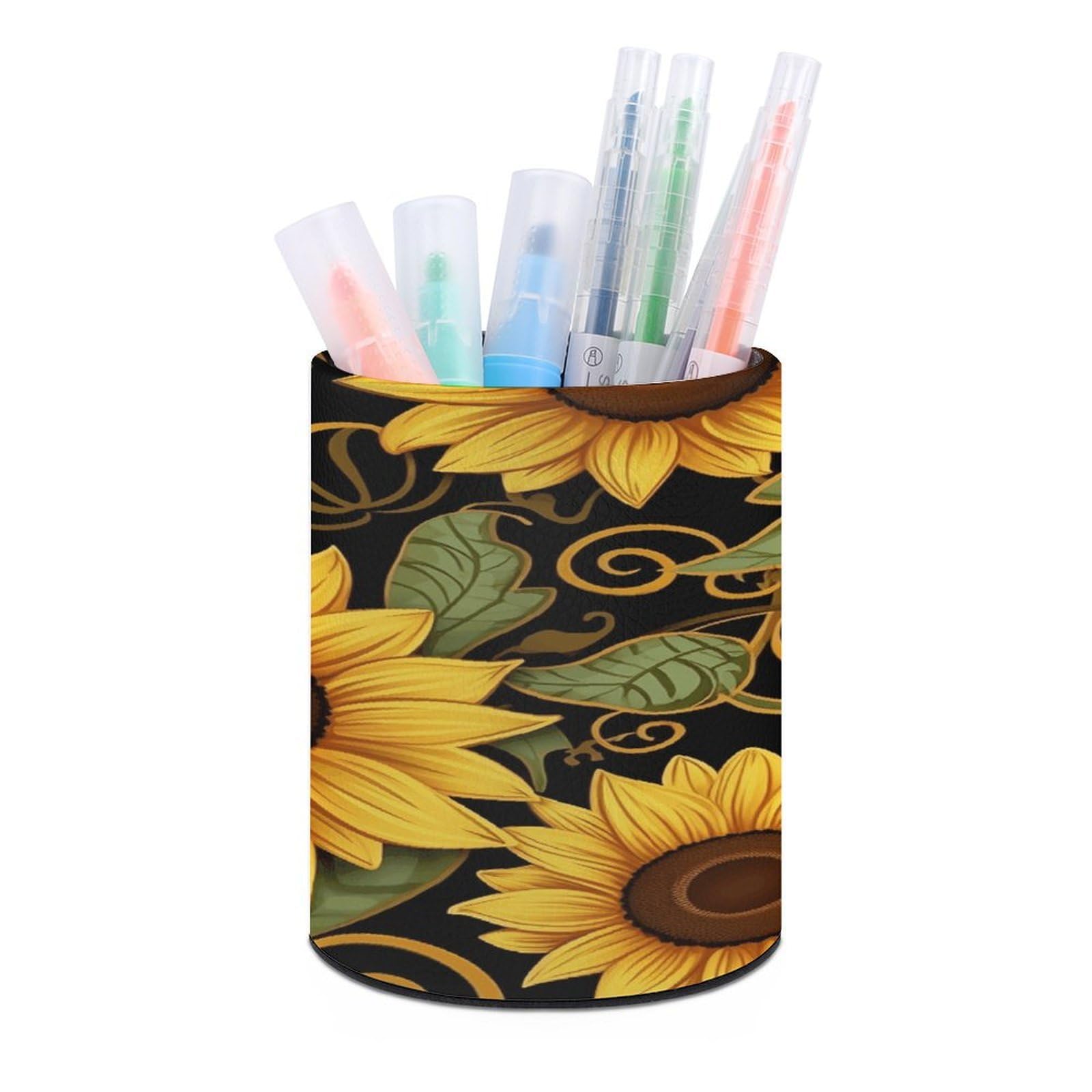 VstaDank Beautiful Sunflower Pen Holder PU Leather Pencil Cup Minimalist Desk Pencil Holder Round Make Up Brush Organizers For Office Dorm Room&Vanity Desk Accessories