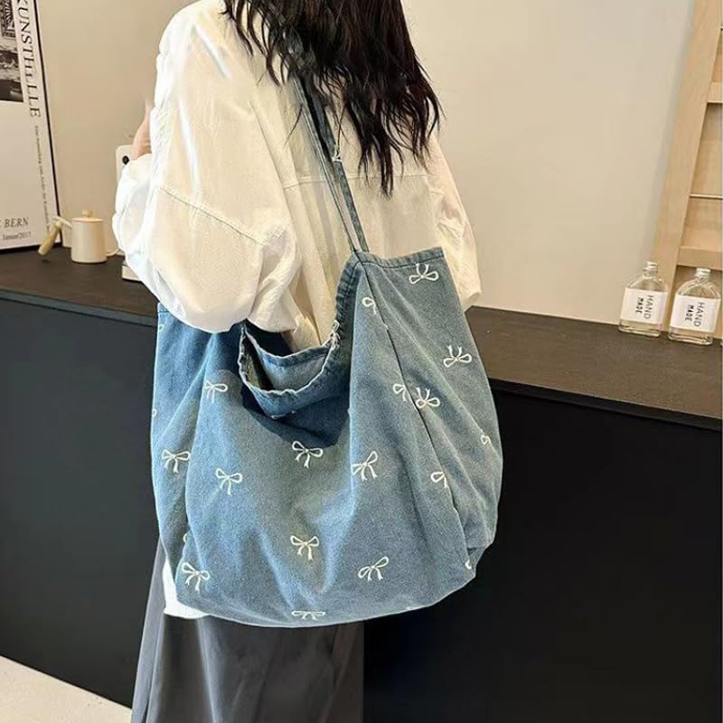 Bolso Tote grande de lona azul con moño blanco miniatura 2