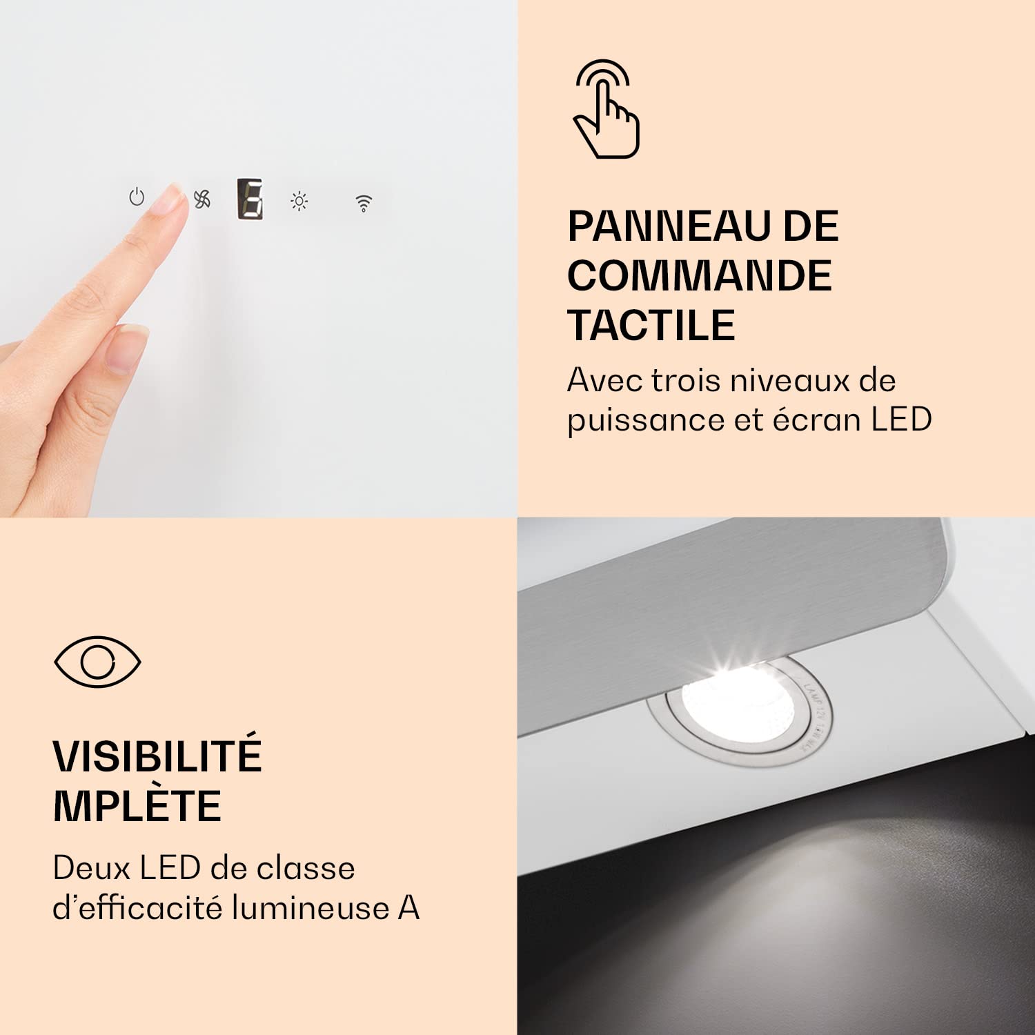 Klarstein Hotte Aspirante 60 cm, Hotte Aspirante Inclinée Silencieuse, de Cuisine 60cm avec Lampes LED, Débit d'Air Puissant 585m³/h, Efficacité Energétique A, avec Évacuation, Wi-Fi