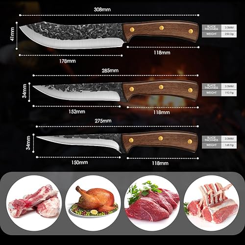 Miniatura 2 de UniqueFire Juego de 3 cuchillos de chef, juego de cuchillos de cocina profesionales, juegos de cuchillos de carnicero afilados, cuchillo de acero de