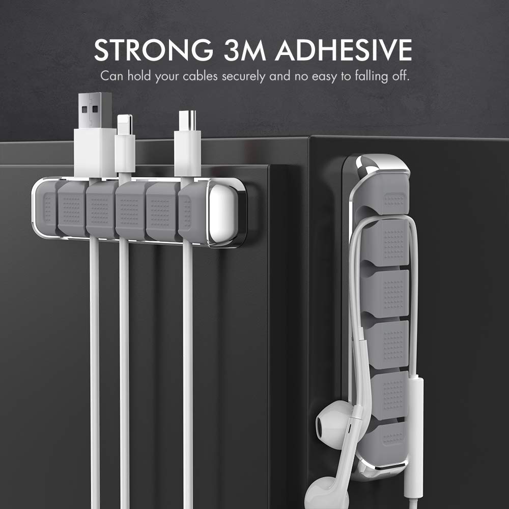 AhaStyle Clips Organiseur Câbles – 5 Fentes, Métal + Silicone, Adhésif Fort, Pour Bureau/maison/voiture (noir)
