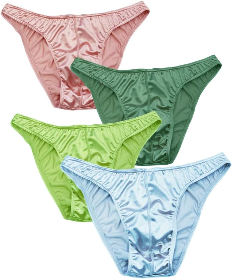 Men's Satin Stretch Support Wide Waistband Satin Briefs Thong G-string 4 Pcs/pack