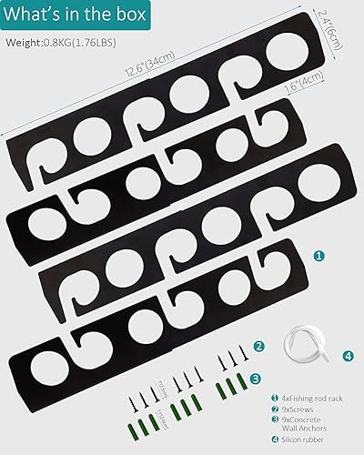 Vista 4 de WIPHANY Pvc, caucho, acero para cañas de pescar de pared o techo, soporte para caña de pescar, gancho de almacenamiento con capacidad para hasta 12
