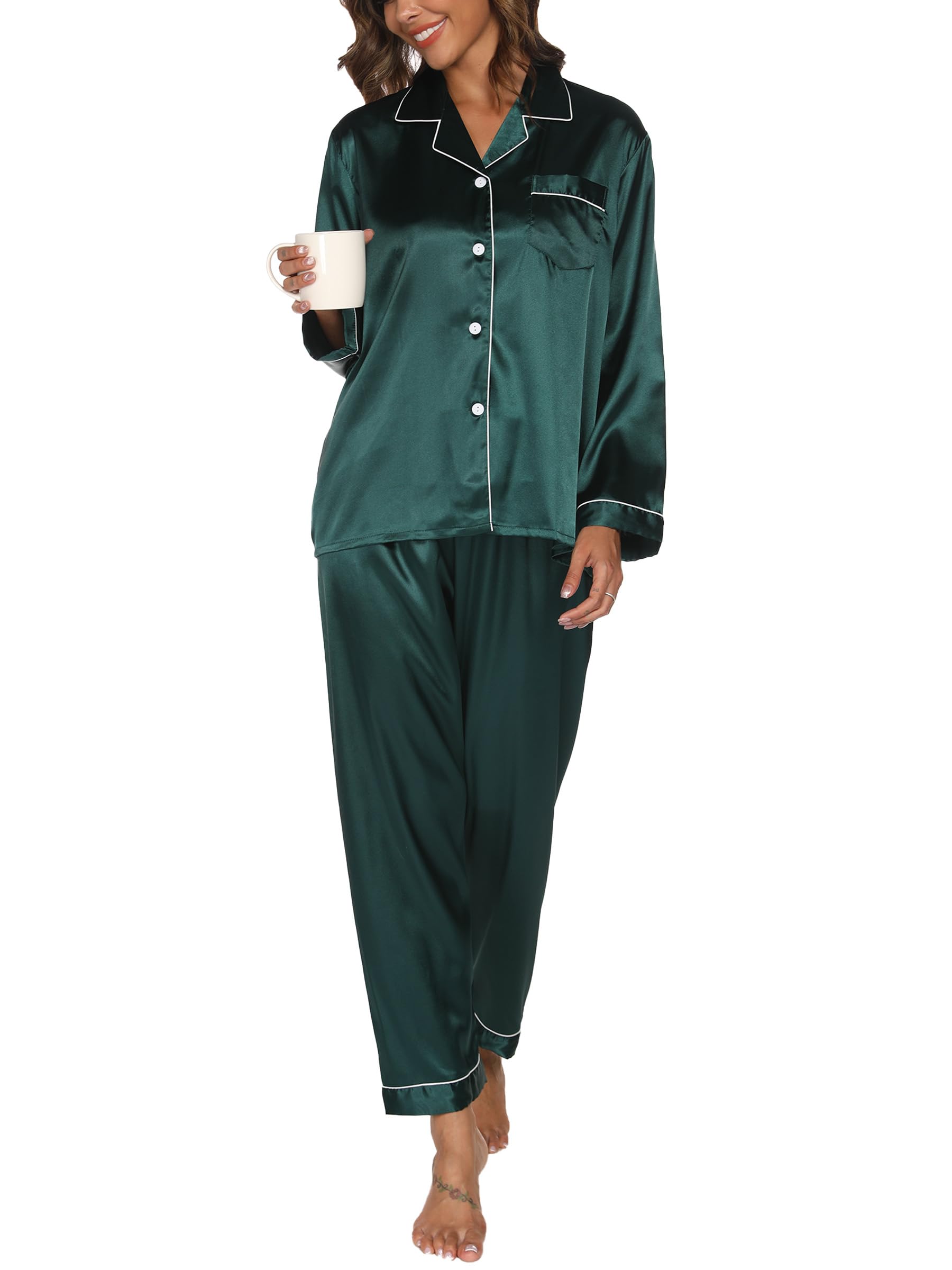 Reliwel Pigiama Donna Estivo Pigiami da Donna Due Pezzi a Maniche Lunghe Pantaloni in Raso Morbidissimo Scollo V Aperto Davanti con Bottoni e Borse Laterali
