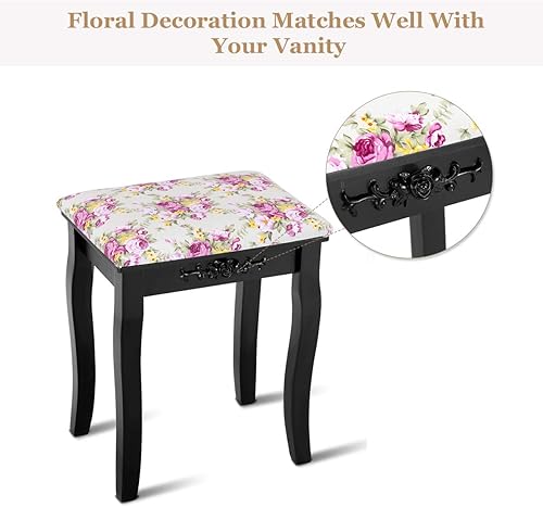Miniatura 7 de Giantex Taburete de tocador de madera, silla acolchada, asiento de piano de maquillaje, banco de maquillaje con cojín rosa (negro)
