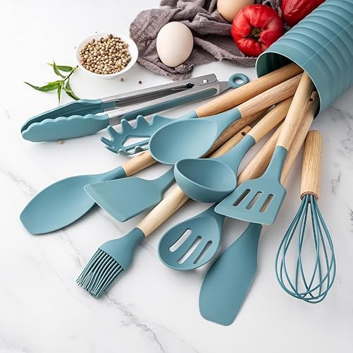 KSENDALO Aqua - Juego de utensilios de cocina pequeños de silicona de 12 piezas con soporte, herramientas de cocina con mango de madera, espátula