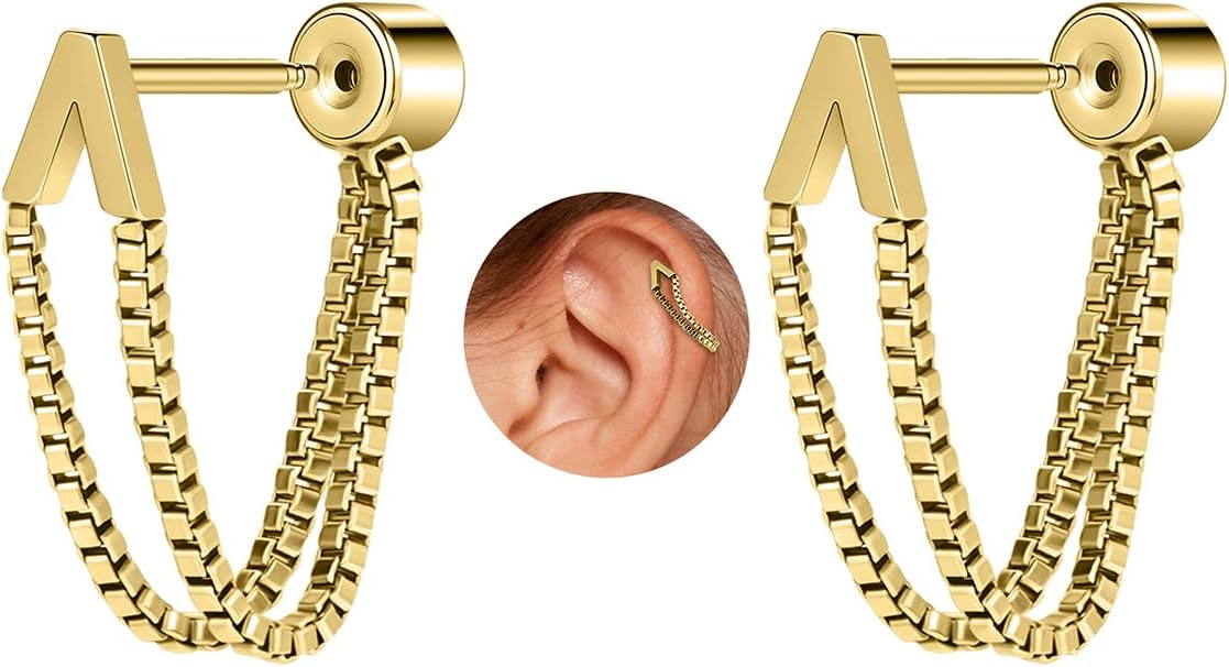 18G Flat Back Earrings Chain Cartilage Earring Stud for Women Push In Threadless Flatback Studs 316L Surgical Steel Hypoallergenic Tragus Helix Conch Piercing Jewelry
