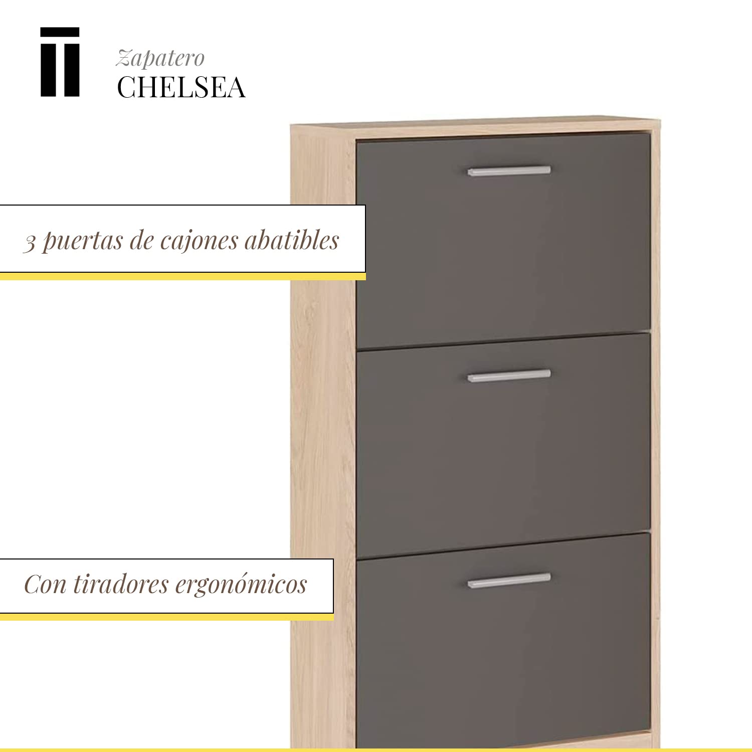 Shiito | Modelo Chelsea - Zapatero | Natural Grafito - 17 x 59.8 x 107.7 cm | Con 3 Estantes | Ideal en la Entrada y Dormitorio