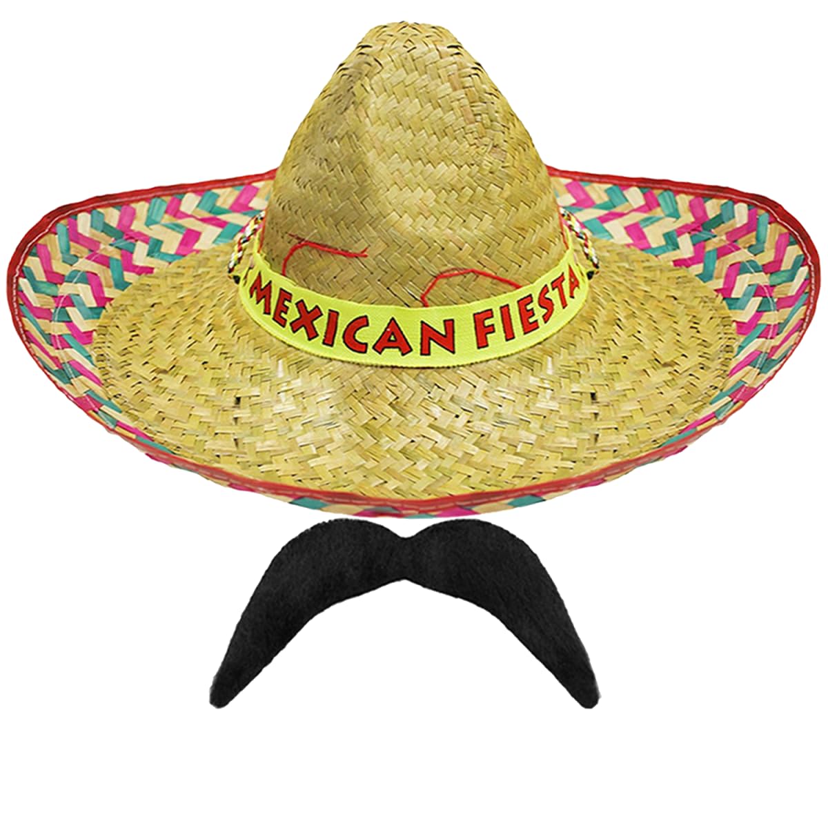 Adults Mexican Sombrero with Fiesta & Black Moustache Fancy Dress Party Accessories - Summer Straw Sun Hat (Pack of 3)