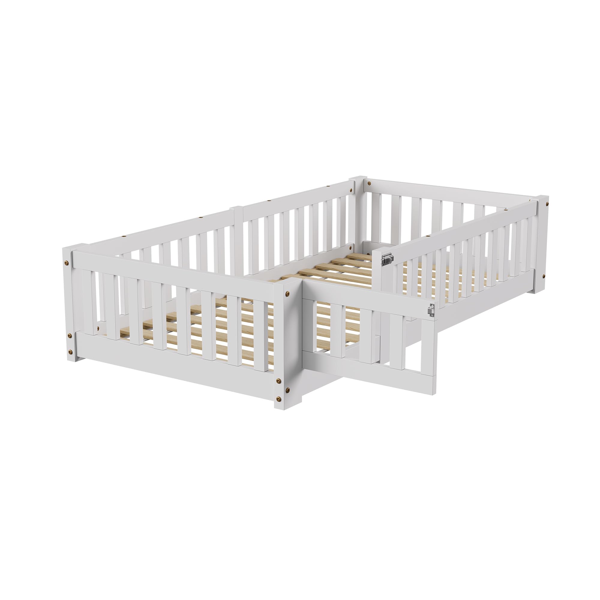 Letto per Bambini 120x200 con Porta e Barriera di Sicurezza, Letto a Terra 120x200 con Rete a Doghe, Struttura per Letto Montessori a Terra in Legno Massiccio di Pino, Letto a Terra per Bambini e