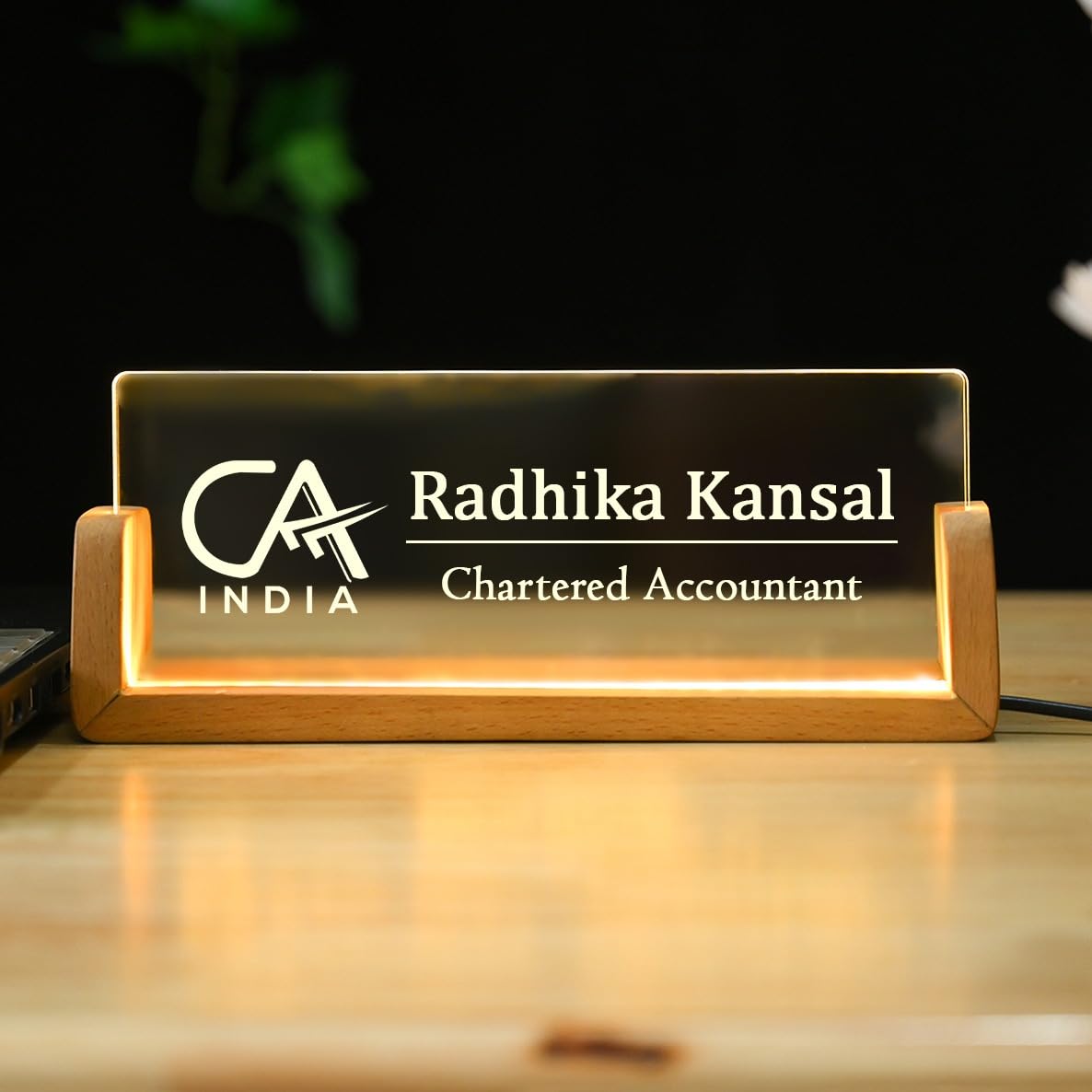 ChitraChaya LED Illuminated CA Desk Nameplate - Multicolor Acrylic with Teak Wood Stand (9.5x3.5x2.5 Inches)-image-3