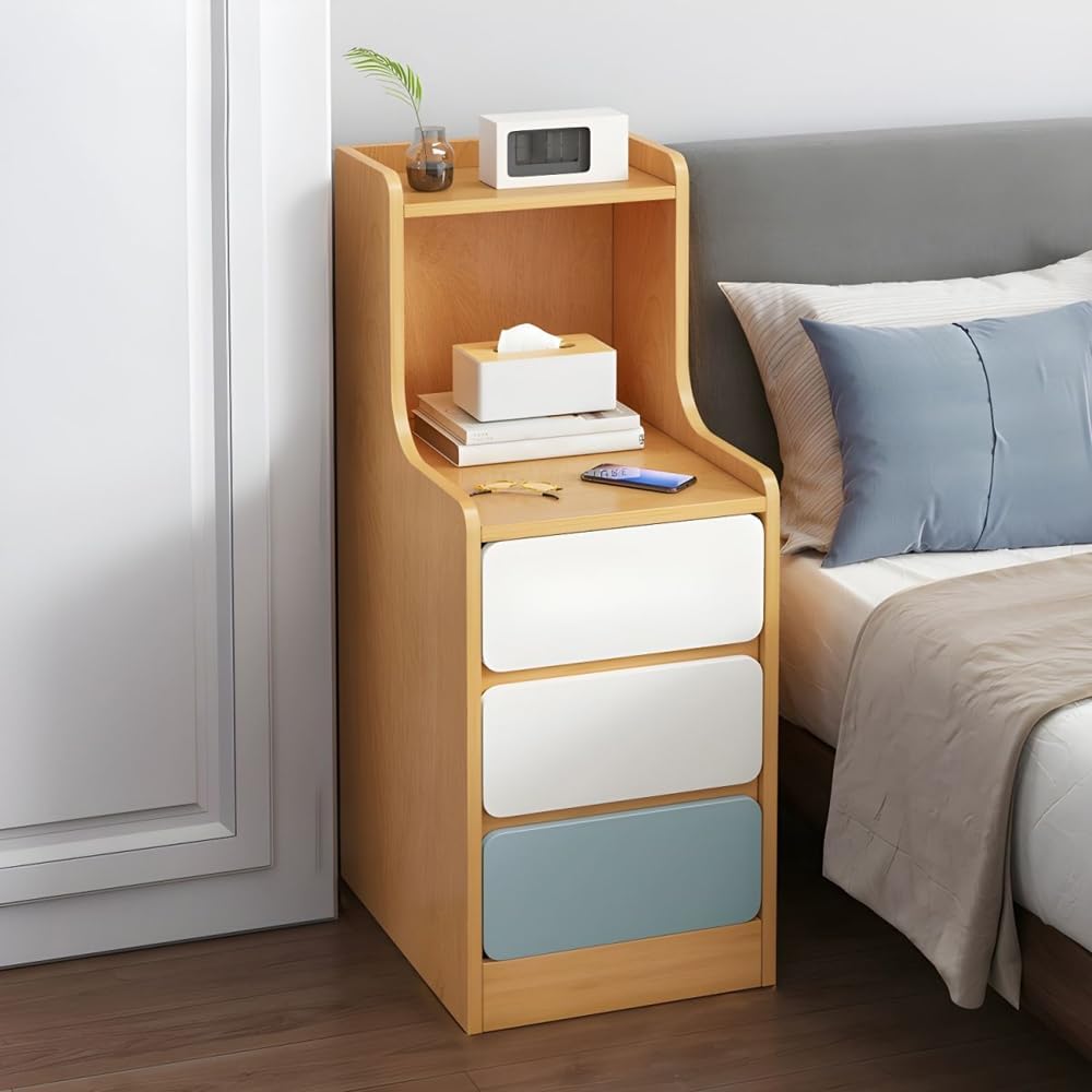 LITFAD Wood Small Nightstand Narrow End Table Modern Side Table with Open Storage and Drawers for Small Spaces Bed Side Table for Bedroom, Living Room-Natural&White, 10" L x 13.5" W x 34" H