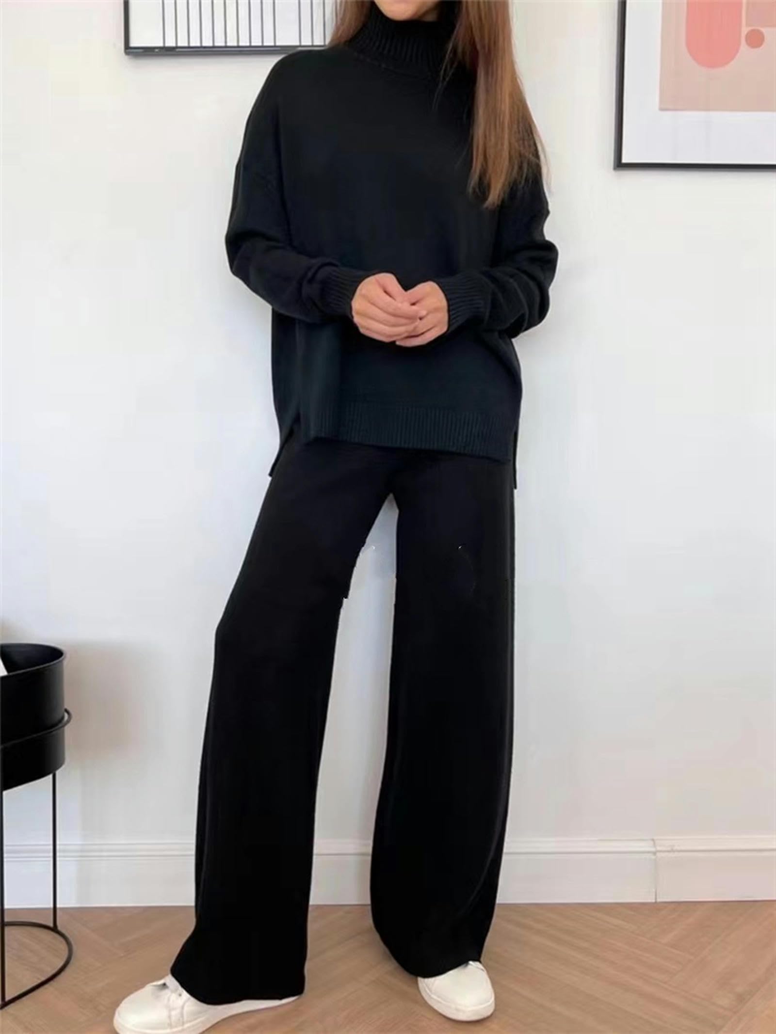 Set da 2 Pantaloni da Jogging a Gamba Dritta con Collo Alto e Tuta in Maglia da Donna-NUOVOblu-Taglia Unica