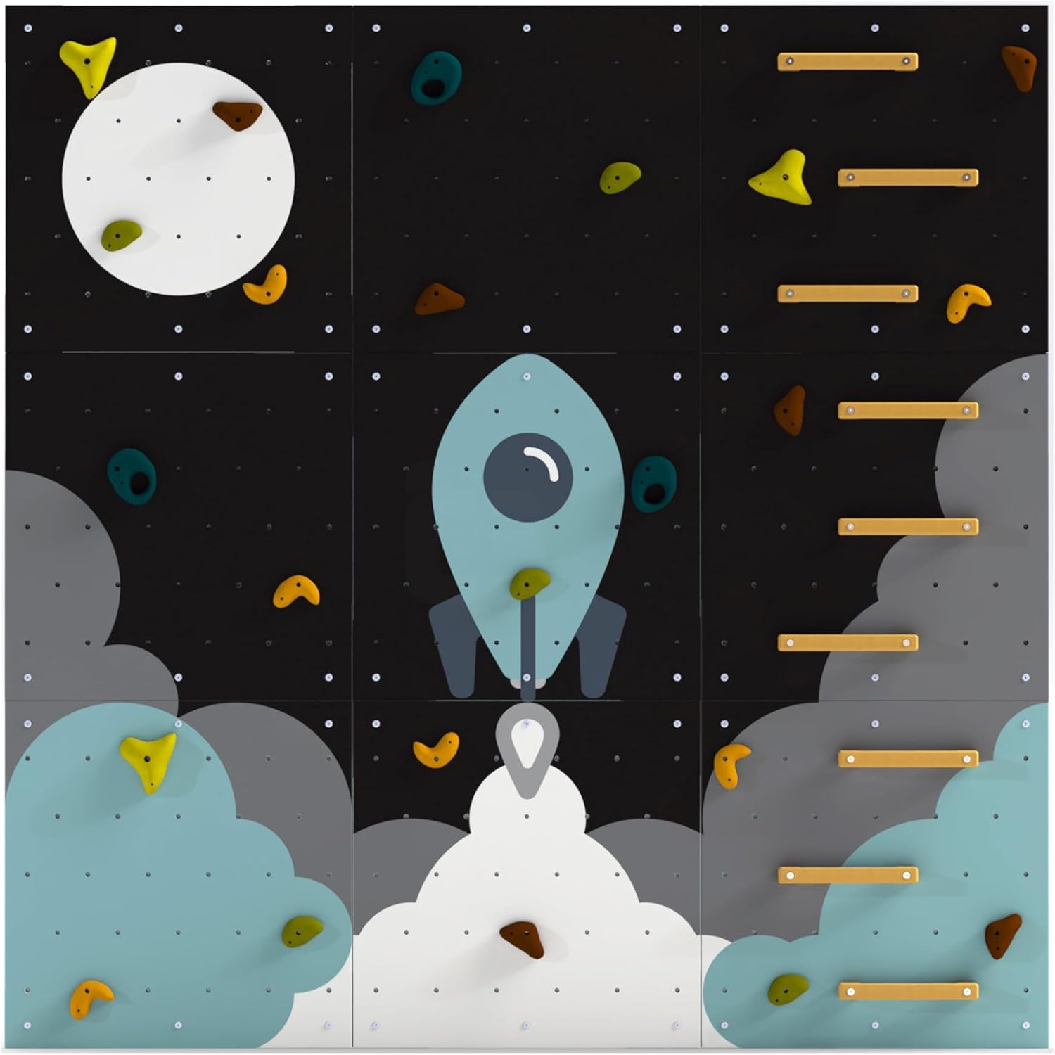 Rocket climbing wall for kids - LEZUN V1, indoor climbing wall, wooden wall art for kids, space, Rocket Space Theme, Wood Construction with Holds, Gift for kids (green/dark, 3 panels)