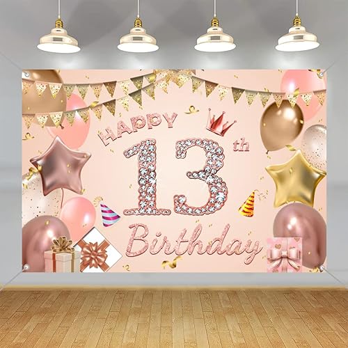 Cartel de tela para decoración de cumpleaños número 13 para niñas de 13 años, cartel de tela para fiesta de cumpleaños de niña, fondo de foto rosa