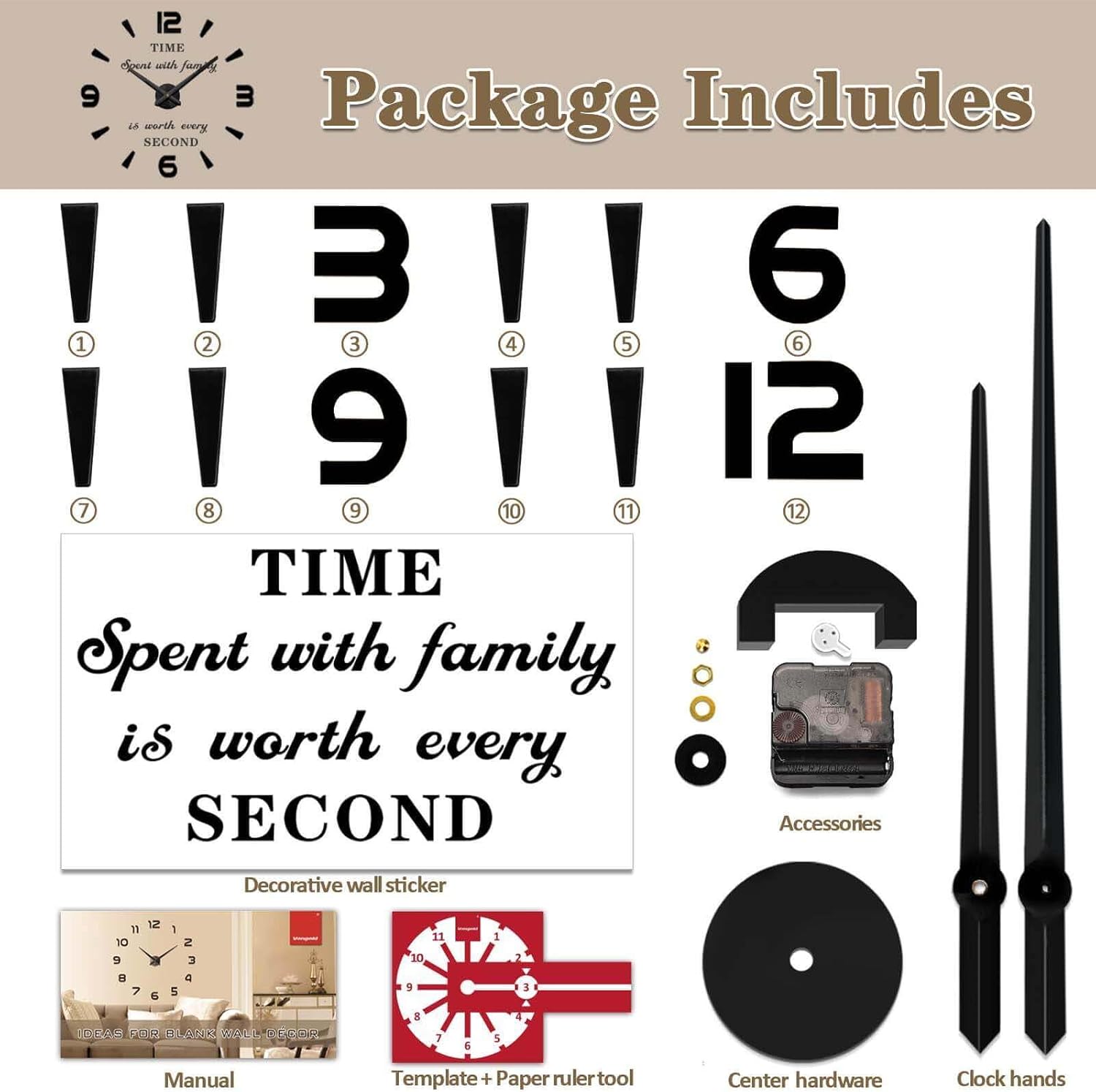 VANGOLD Wall Clock Oversized Wall Clocks for Living Room Decor, Decorative Wall Clocks Battery Operated (Black Home Decoration)