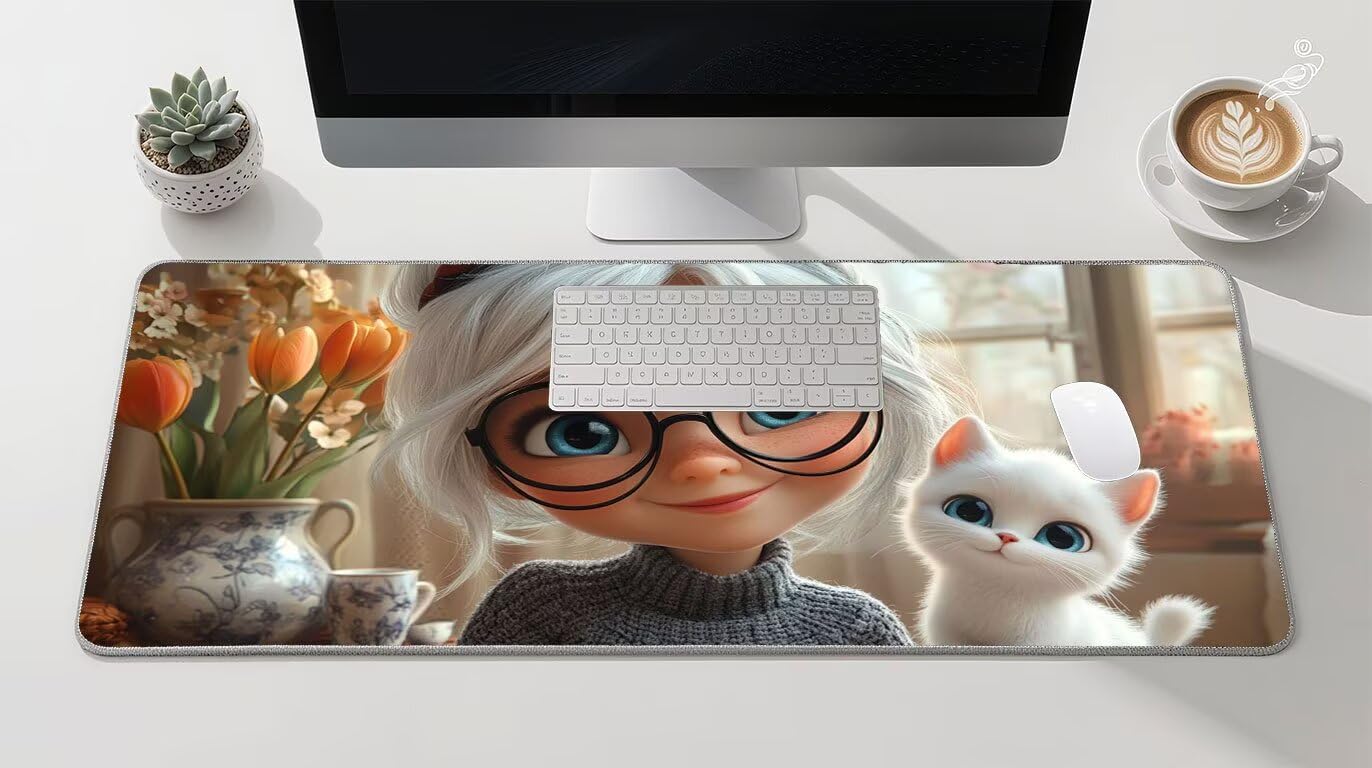 Tappetino Mouse XXL 1000x500 mm Mouse Pad Ragazza Sottomano Scrivania Gatto Mousepad Accessori Gaming Desk Mat per Migliorare Velocità Tappetini Gaming, per Ufficio Casa Computer Lavoro Gioco D-557