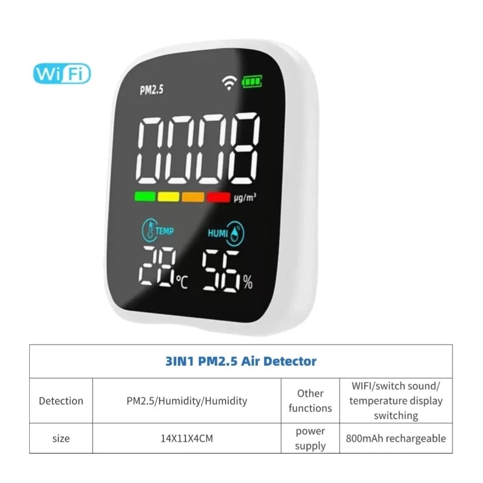 Monitor de calidad del aire, Monitor De Calidad Del Aire WIFI 8 En 1, Medidor Temperatura Y Humedad, Detector Dióxido Carbono, CO2, HCHO, TVOC, PM1.0, PM2.5, PM10(3 in 1 pm2.5)