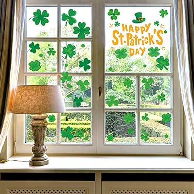 WEEPA St Patrick's Day Decorations 46 Pcs Shamrock Window Clings Decals Four Leaf Clover Window Stickers Irish Shamrock Happy St. Patrick's Day Party Ornaments
