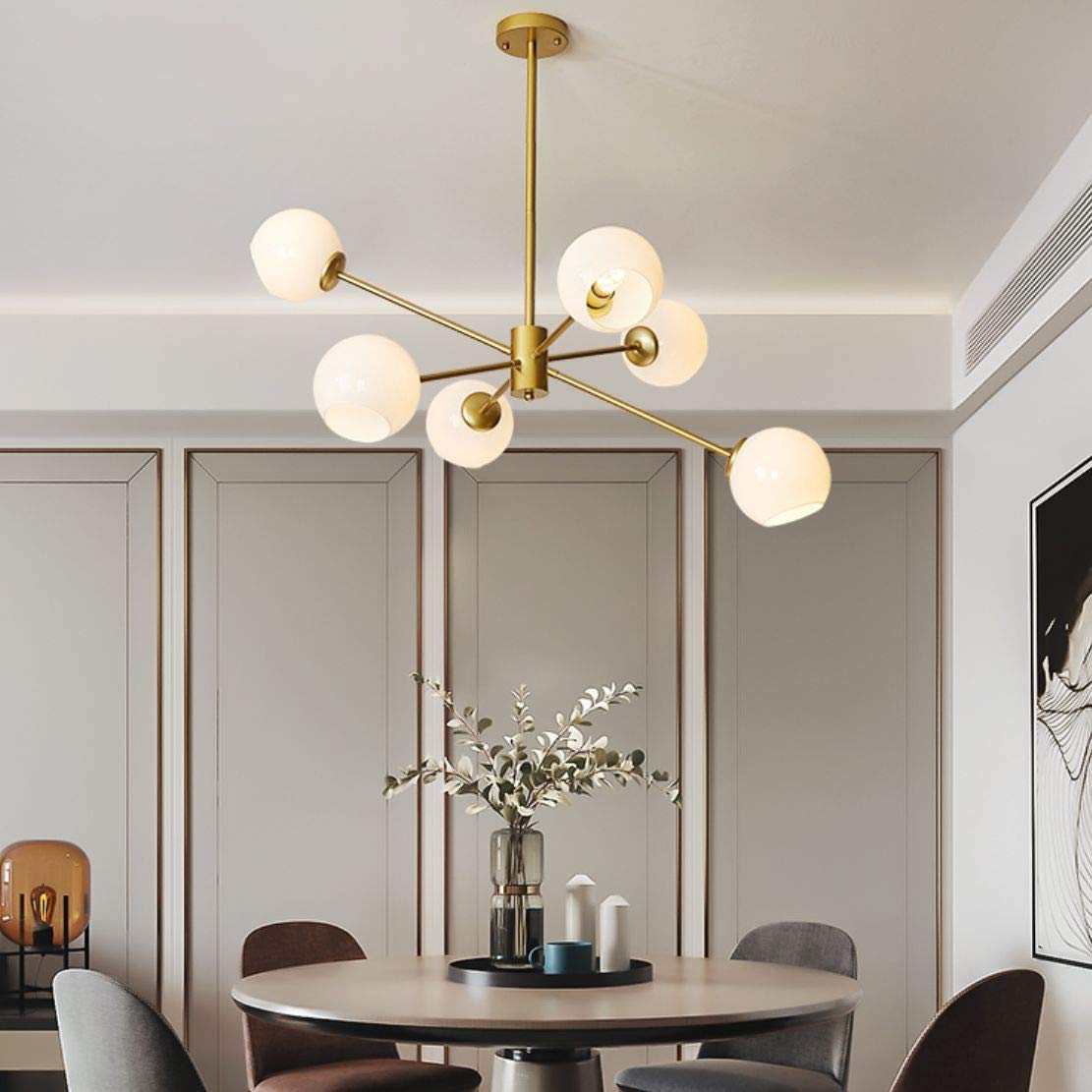 BOKT Mid Century Modern Chandelier 6 Lights Magic Bean Molecular Chandelier Globe Chandeliers Light Fixture for Living Room Restaurant Kitchen Island E26 Base (Gold, 6 Lights)