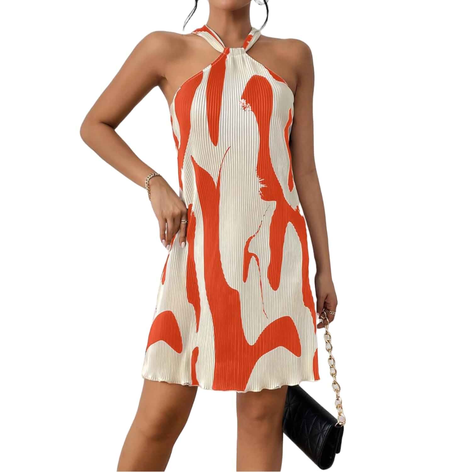 LIGHT DOT Women's Summer Dress Printed Halter Neck Mini Casual Pleated Sundress Party Date Vacation